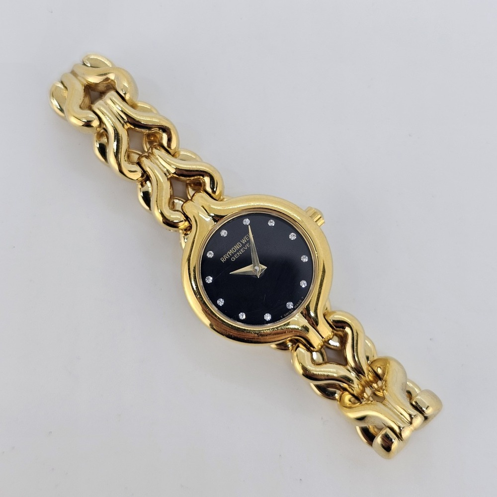 Raymond Weil Geneve Women's Watch 22MM Black Dial Gold Band 5.75" New Battery